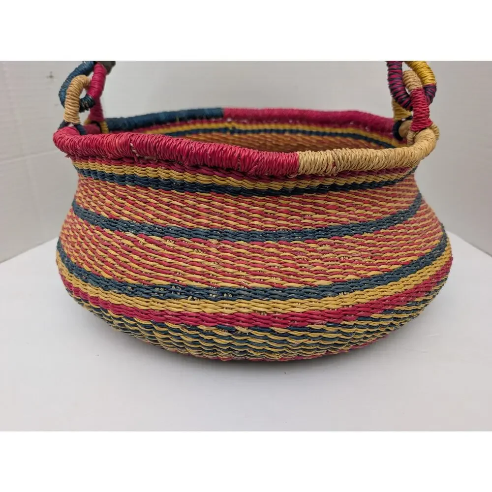 Vintage African Bolga Market Basket, Colorful Woven Ghana Shopping Tote